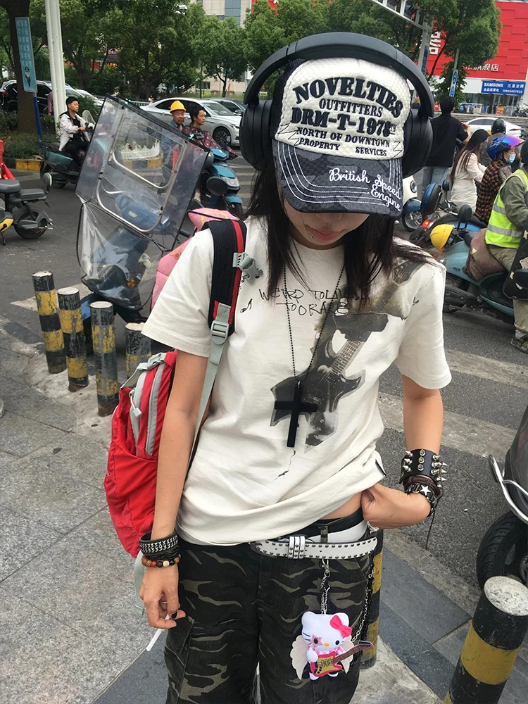 Retro American Fire Guitar ort Sve T-shirt Dames Zomer Ele Uniek ontwerp Street Sle Katoen Polyester bedrukte top