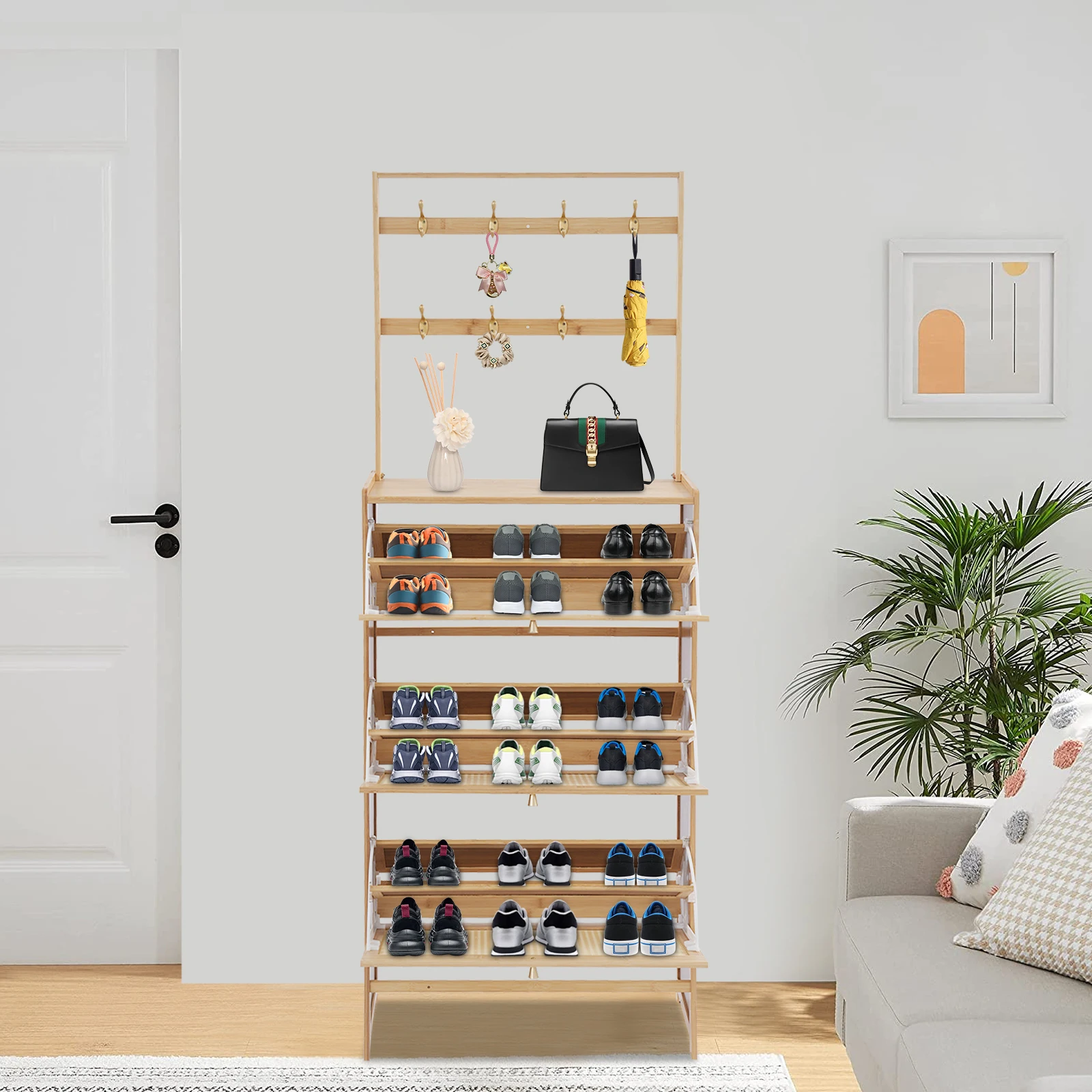 

Shoe Storage Cabinet - 3-Tier Flip Door Organizer, 27.5x9.4x73.2in, Log Color Bamboo, 8 Hooks, Mesh Breathable, 16.53lbs/Tier