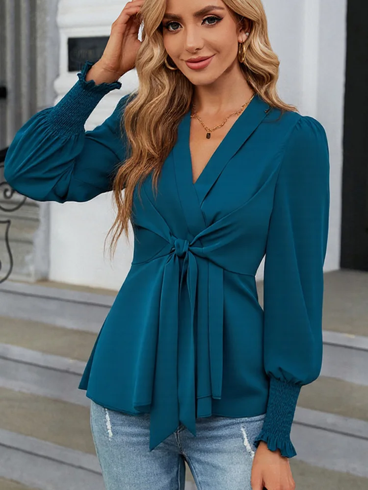 Camicetta da donna con maniche a lanterna con scollo a V profondo di nuova moda Camicetta da donna elegante in chiffon da donna Abiti da donna slim vintage