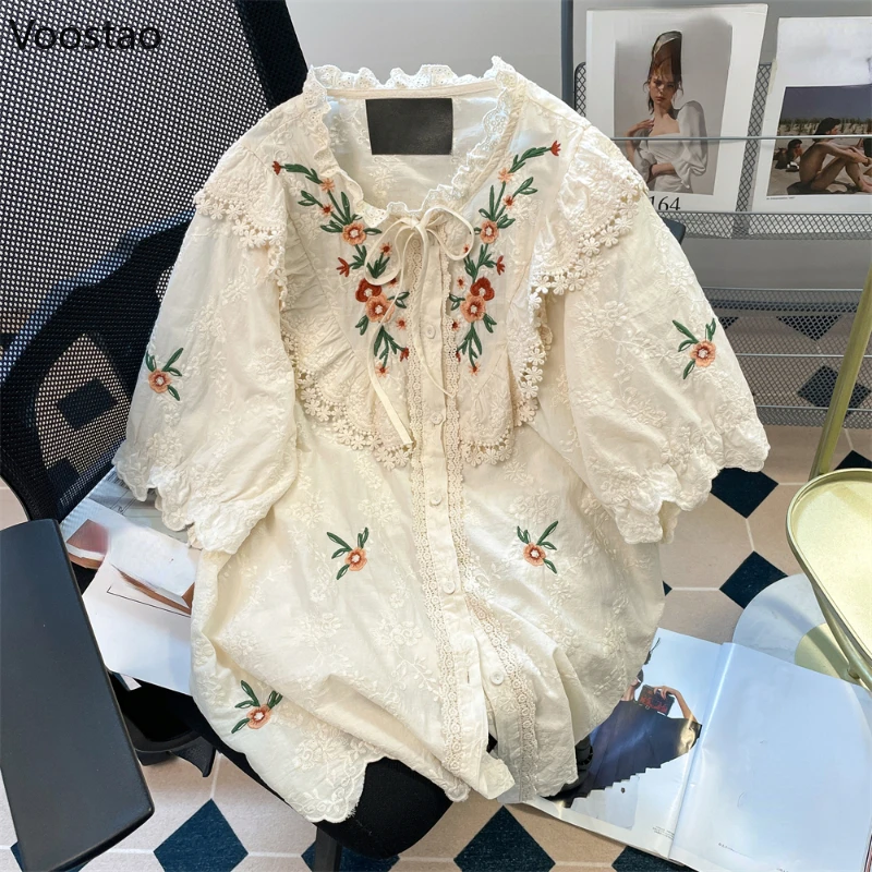 

Mori Girl Sweet Vintage Blouses Flower Embroidery Ruffles Lace Up Puff Sleeve All Match Shirts Women Clothing Tops Blusas Mujer