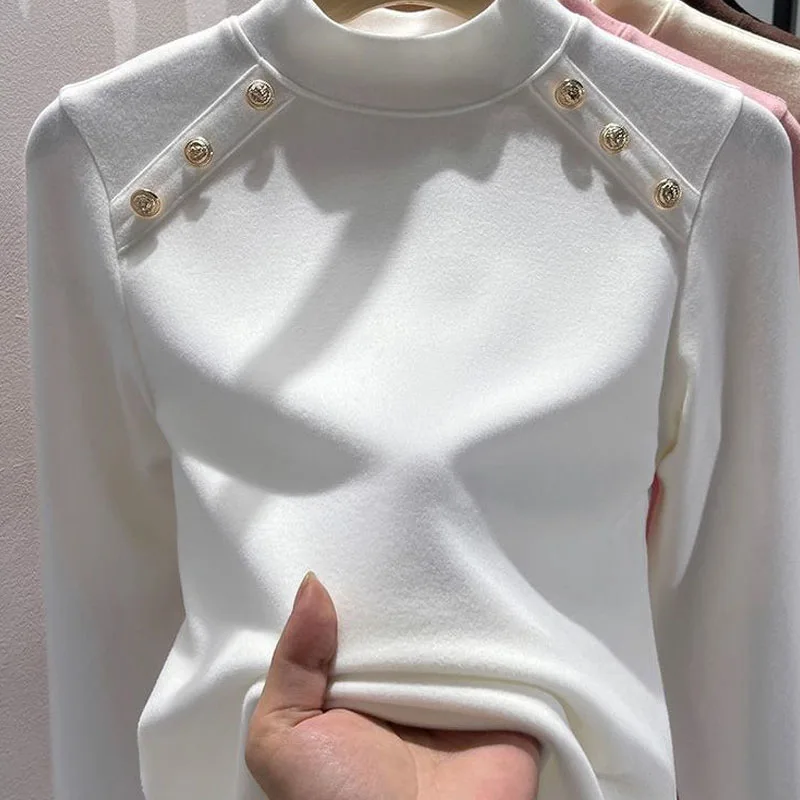 Casual Simplicity Button Spliced Solid Female Tops Autumn Winter Fashion All-match Half High Collar Pullovers Women's Clothing