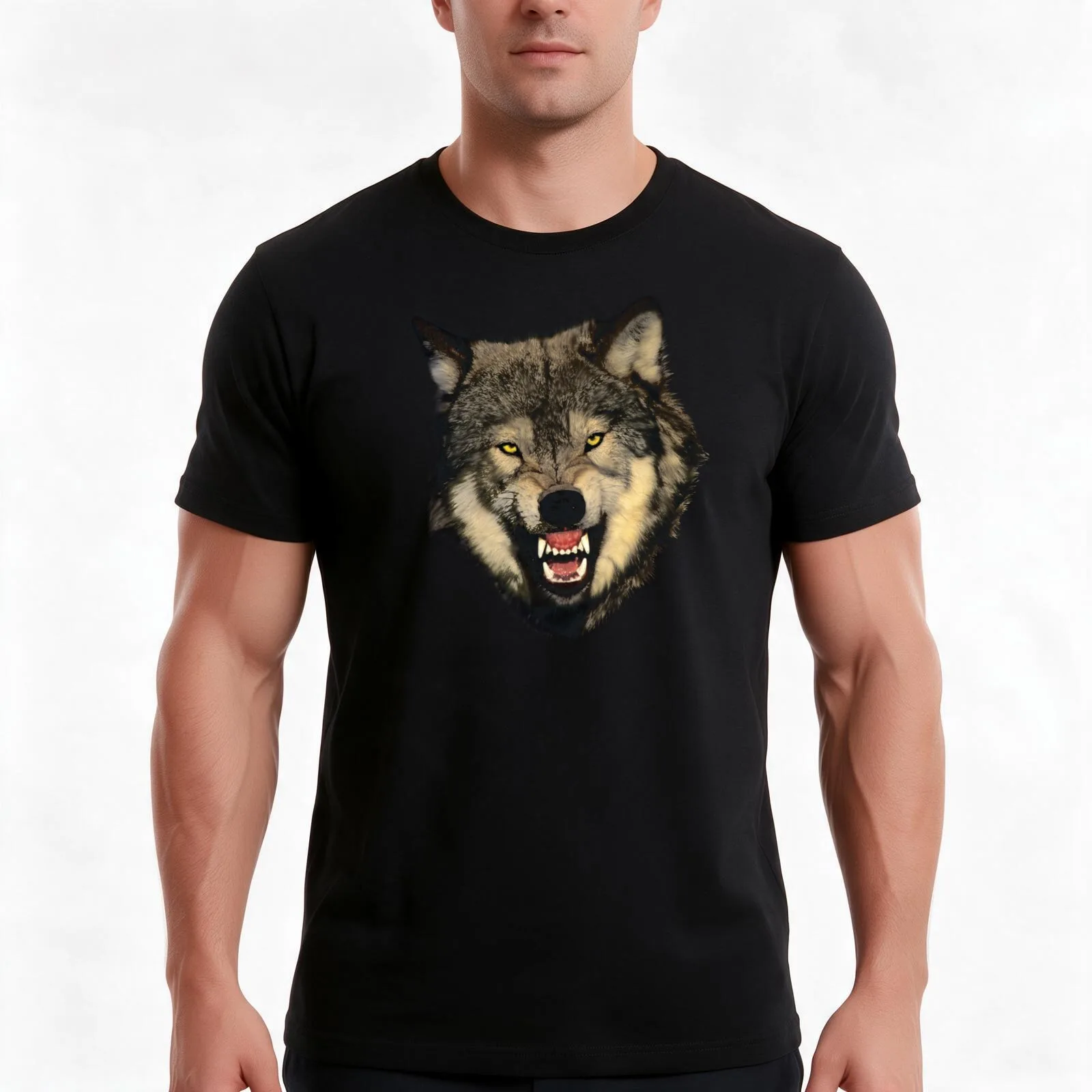 Wolf Snarl T-Shirt, Summer Casual Cotton Tee, Oversized Streetwear Tops, Vintage Graphic Print, Loose Fit Short Sleeve