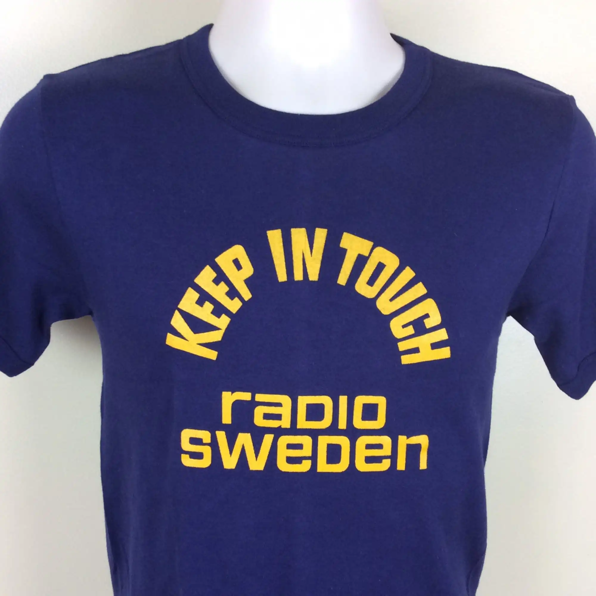 Vtg 80s 90s Radio Sweden Keep In Touch TShirt Blue Ringer Sleeves