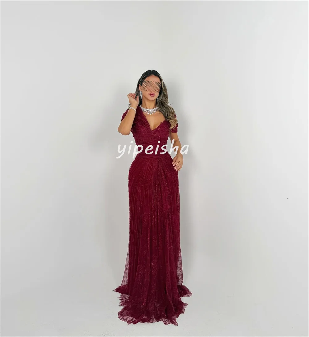 Customized Sexy Exquisite Lace Pleat Ruched A-line Off-the-shoulder Long Dresses Bespoke Occasion Dresses Sizes Available Casual