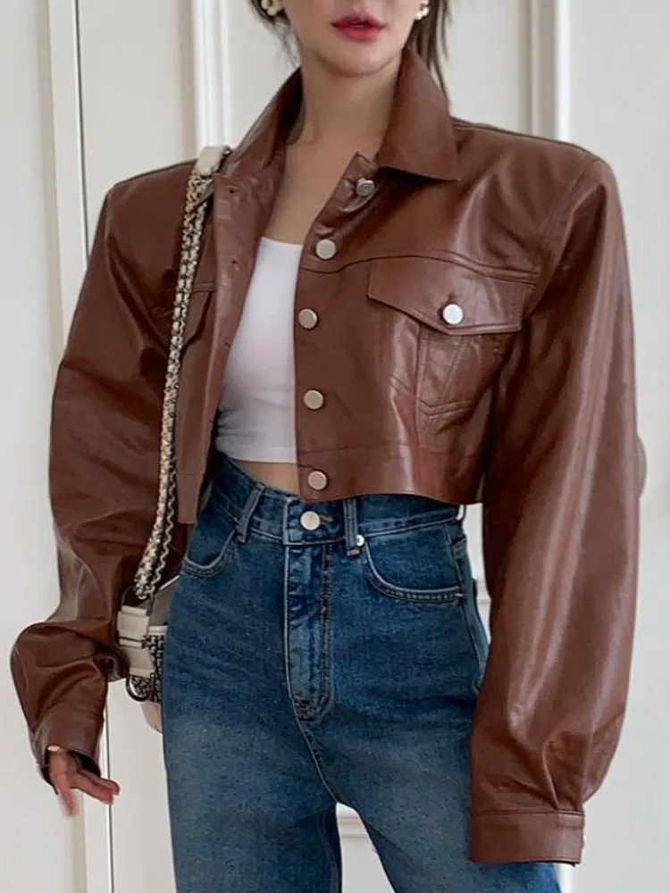 Jaet de cuero PU mate para mujer, solapa Vintage, suelto, un solo botón, versátil, doble ket Jaet Top