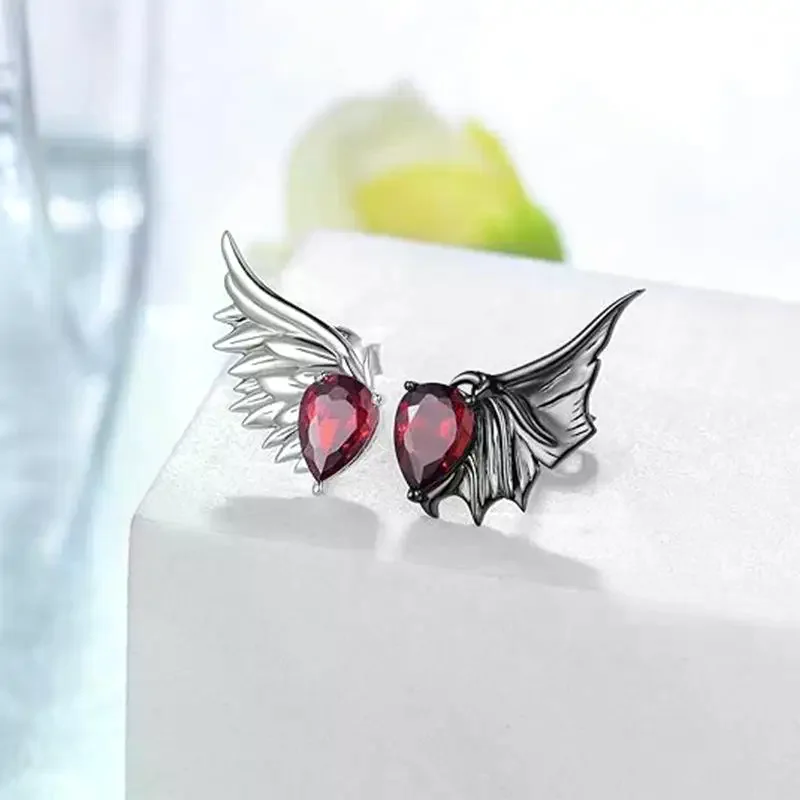 Red Zircon Earrings For Women Gothic Punk Wing Feather Angel Devil Ear Studs Jewelry Gift