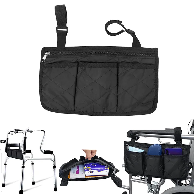 Multi - pocket Wheelchair Armrest Hanging Storage Bag with Side Pockets and Reflective Strips