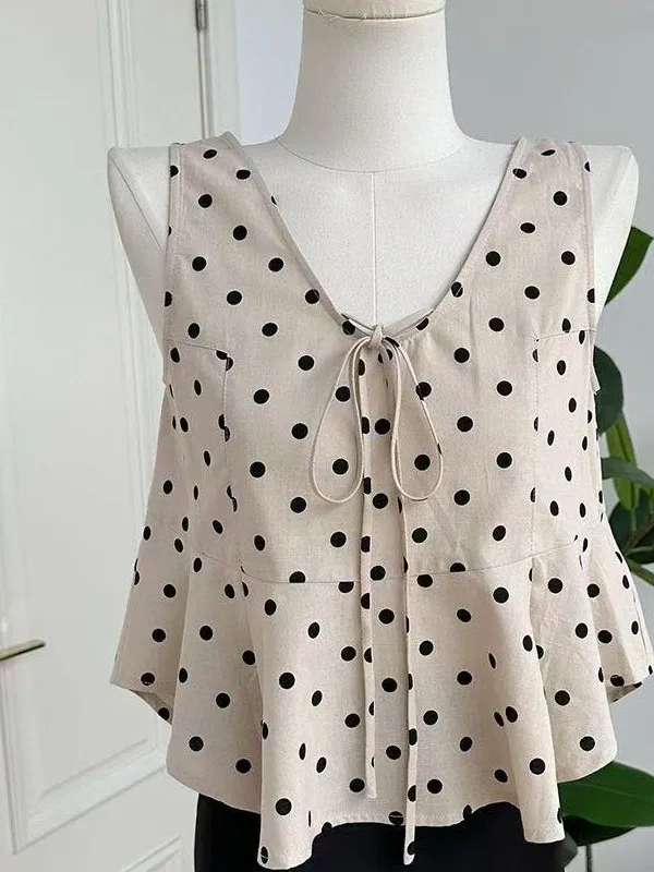 

Элегантный комплект из топа без рукавов с V-образным вырезом в горошек и юбки-рыбки для женщин, летний модный наряд из полиэстера.