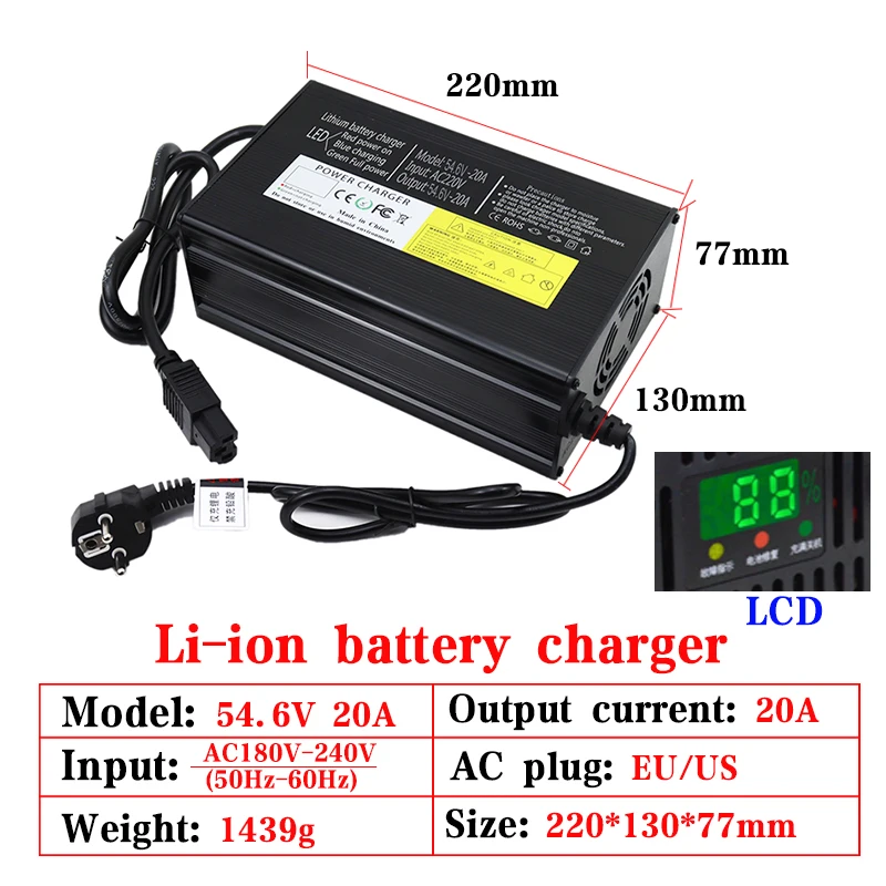 54.6v 5a 8a 10a 12a 15a 20a carregador para 48v 5a 8a 10a 12a 15a 20a carregador de bateria de íon-lítio para 48v 54.6v 13s bateria de lítio ebike
