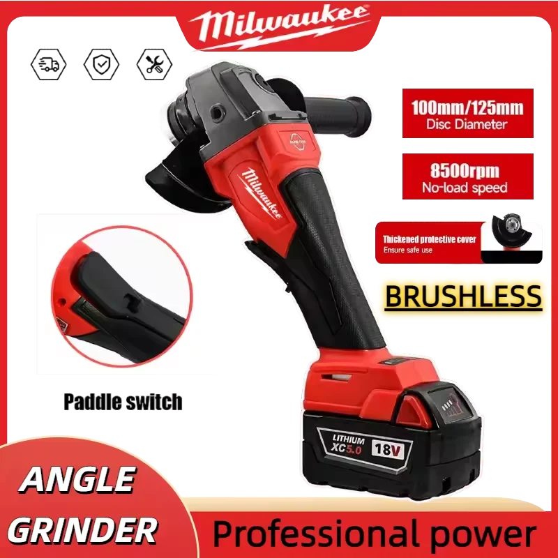 

upgrade Milwaukee 125mm Brushless Angle Grinder Polishing Cutting Machine No-Lock Paddle Switch Electric Cordless Power Tools