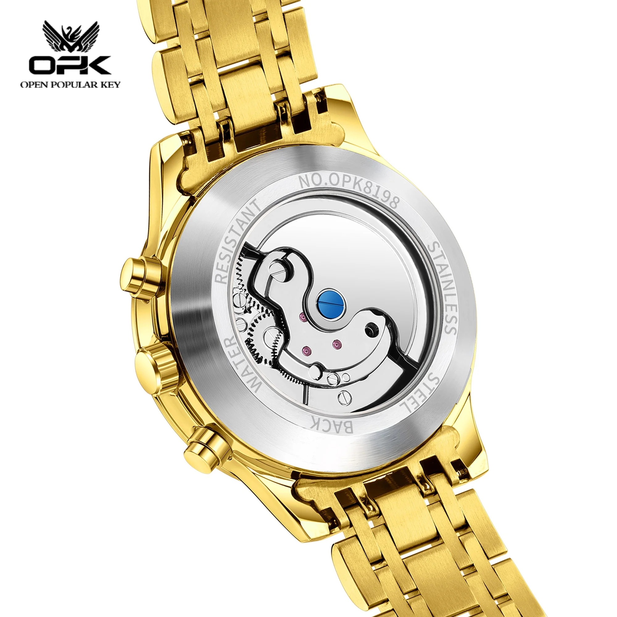 OPK 8198 Business Men Hollow Dial Fully Automatic Mechanical Watch Year Display Steel Strip HD Night Light 30M Waterproof Watch