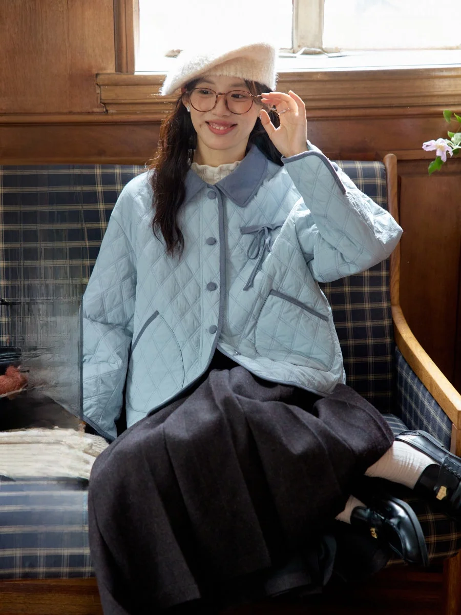 

Nov Et Retro Contrast Color Collar Diamond Pattern Cotton Jaet Women's ort Autumn Winter New Sle Cotton Coat