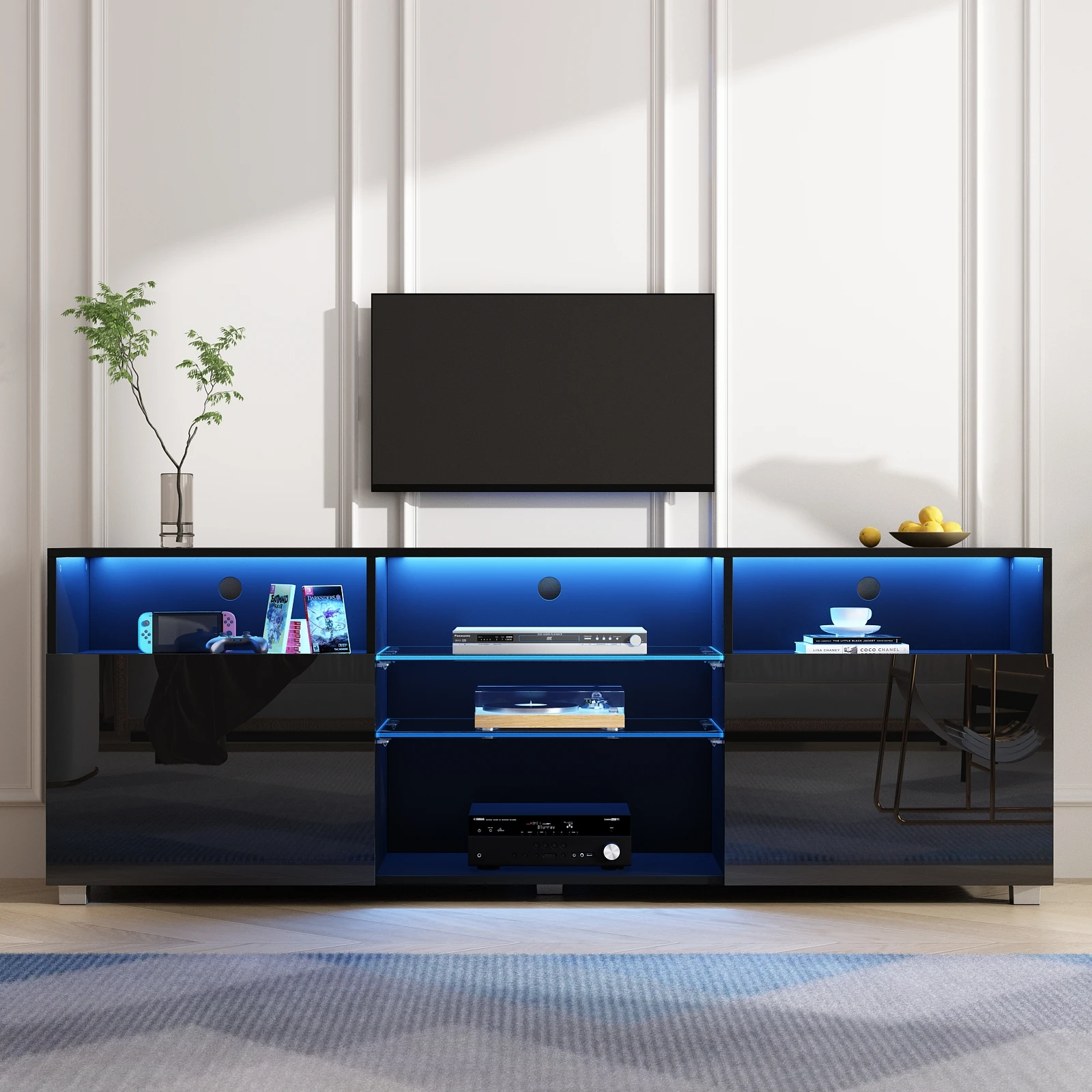 LED TV Stand Modern High Glossy Entertainment Center TV Shelf with Storage Cabinet with Double Barn Doors 57/65/71/81/87In