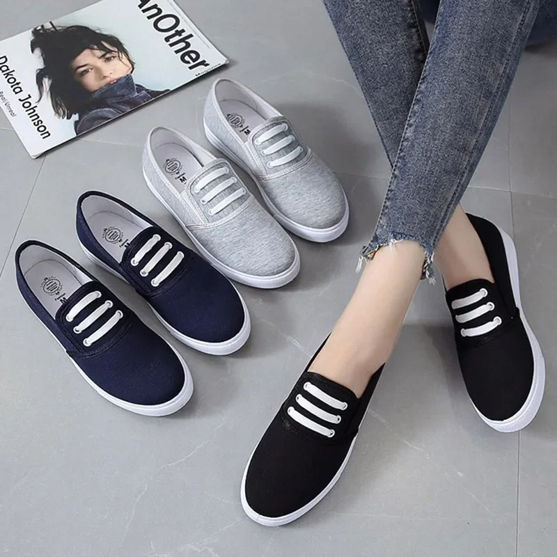 Women  Canvas Slip on Flat Shoes Ladies Black Loafer Black Woman Sneakers Casual Shoes Flats Non-slip One-stepper canvas shoes