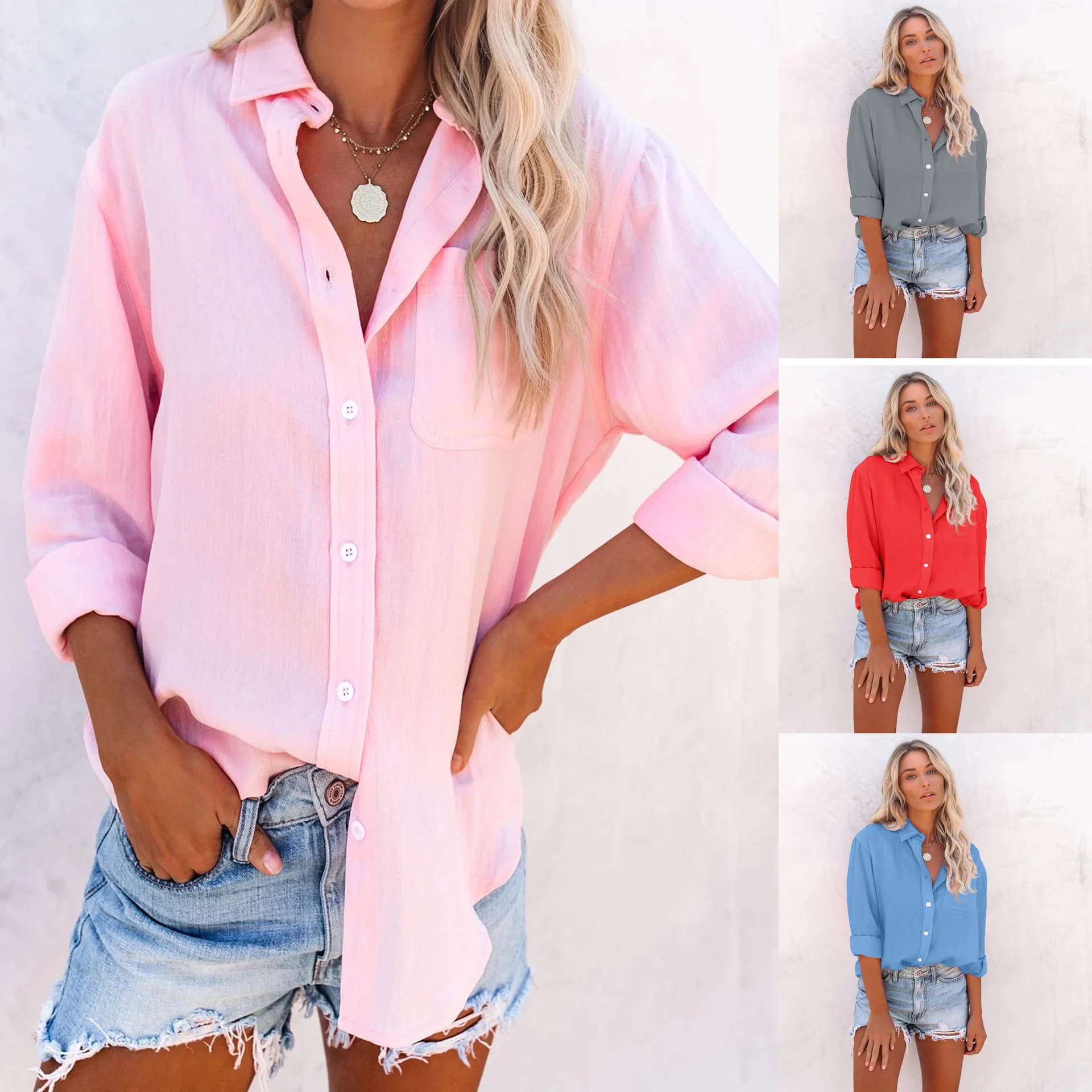 

Women's Shirts New Long-sleeved Lapel Casual Shirt Fashion Loose Solid Color Blouse Top