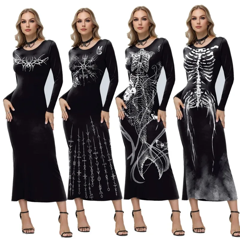 Halloween Cosplay Carnival Party Costumes For Women Retro Punk Skull Skeleton Printed Long Sleeved Vintage Elegant Party Dresses