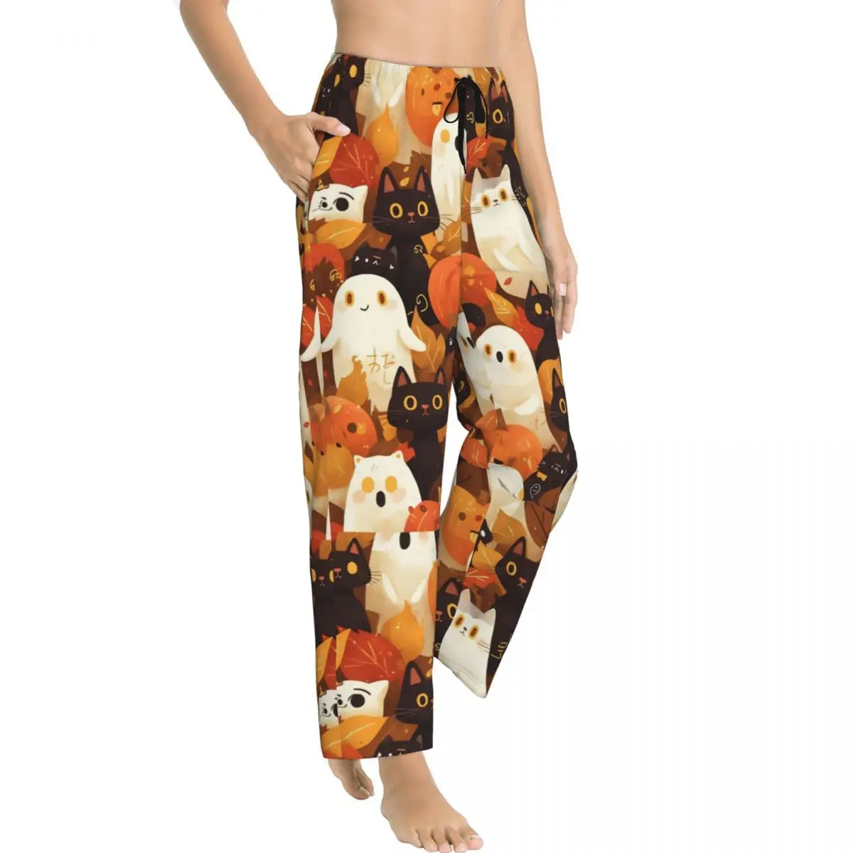 Halloween Cartoon Women's Loungewear pants Stretch Pumpkin Black Cats Pajama Pants Home Sleep Bottoms