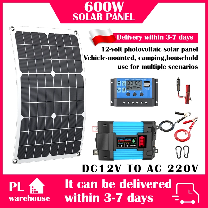 Image of 600W Flexibles Solarpanel-Kit 12V DC zu 220V AC 6000W Wechselrichter mit 100A Solarladeregler Off-Grid-Solarstromsystem für Wohnmobile, Camping und Outdoor-Aktivitäten