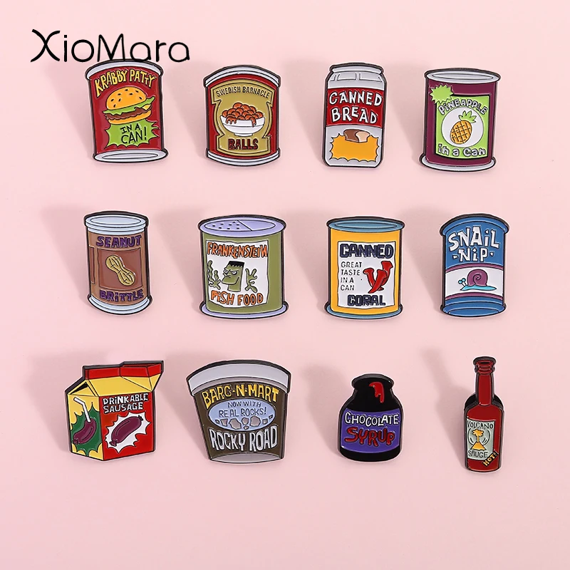 

Funny Family Animation Canned Food Enamel Pins Creative Pineapple In A Can Krabby Patty In A Can Brooch Lapel Badge Jewelry Fans