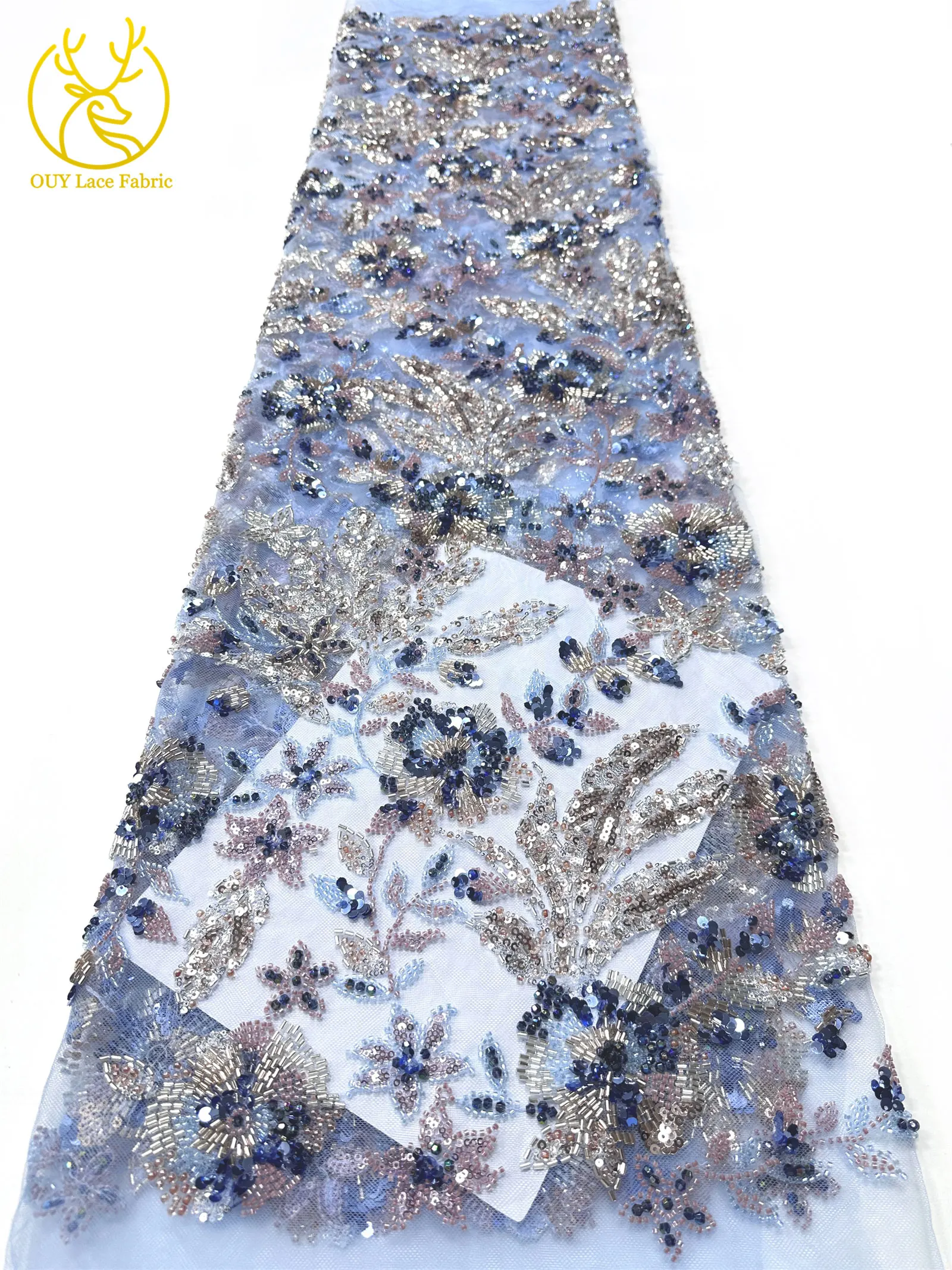 Modischer nigerianischer bestickter Perlen-Spitzenstoff, eleganter afrikanischer Pailletten-Netzstoff für Brautkleider und Partykleider zum Nähen – Detail 22