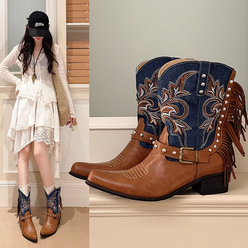 

Vintage Fringe Western Cowboy Boots Women Pointed Toe Mid Calf Rivet Buckle Cowgirl Boots Retro Casual Footwear Brown Denim