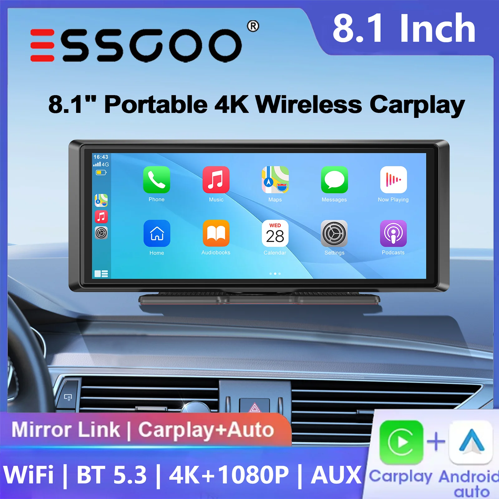 ESSGOO 8,1 Zoll 4K Tragbares Universal-Carplay für Autos, LKWs, SUVs, Pickups, Autoradio, Android Auto, FM, BT, MP5-Player, AUX, Mirror Link