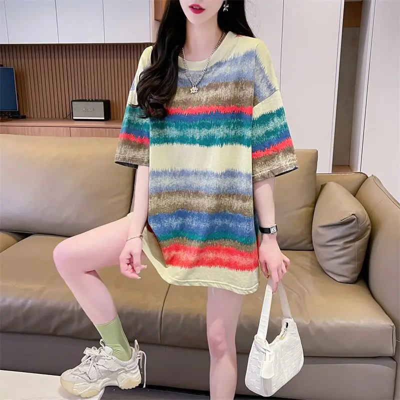 T-shirt a maniche corte in puro cotone Abbigliamento estivo di media lunghezza da donna Nuovo design a righe Top pigro allentato Ins Trend