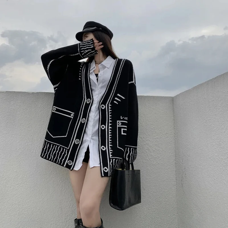 Y2k Print Chic Women Sweater Coat Autumn Korean Knitted Loose Loose Female Casual Cardigan Harajuku Fashion New Ladies Coat Tops