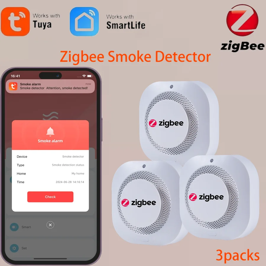 Tuya Zigbee煙センサー,火災警報器,ホームセキュリティ,煙センサー,Tuya Zigbeeハブ,3パックで動作する必要があります