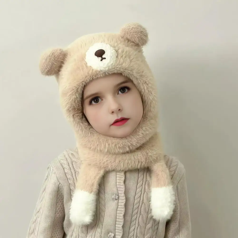 Infant Plush Hooded Cape Kids Winter Balaclava Hat with Bear Ears Fuzzy Windproof Ski Mask Neck Warmer Cute Face Cover for Boys