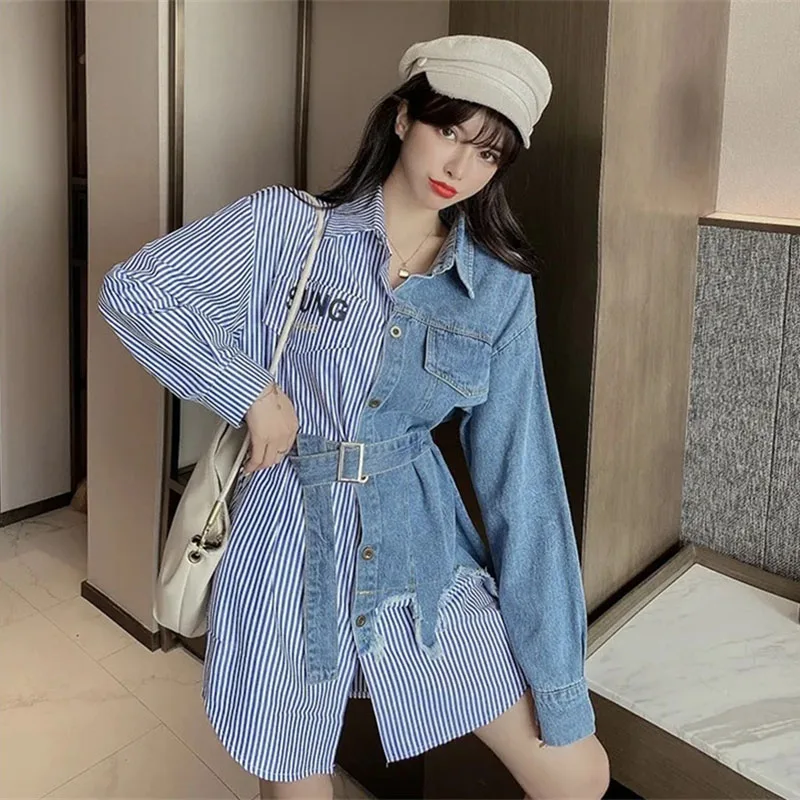 Fashion Design Sense Denim Splicing Shirt Women\'s Blouse Elegant Spring Summer Autumn Long Sleeved Shirt Coat Denim Outerwear