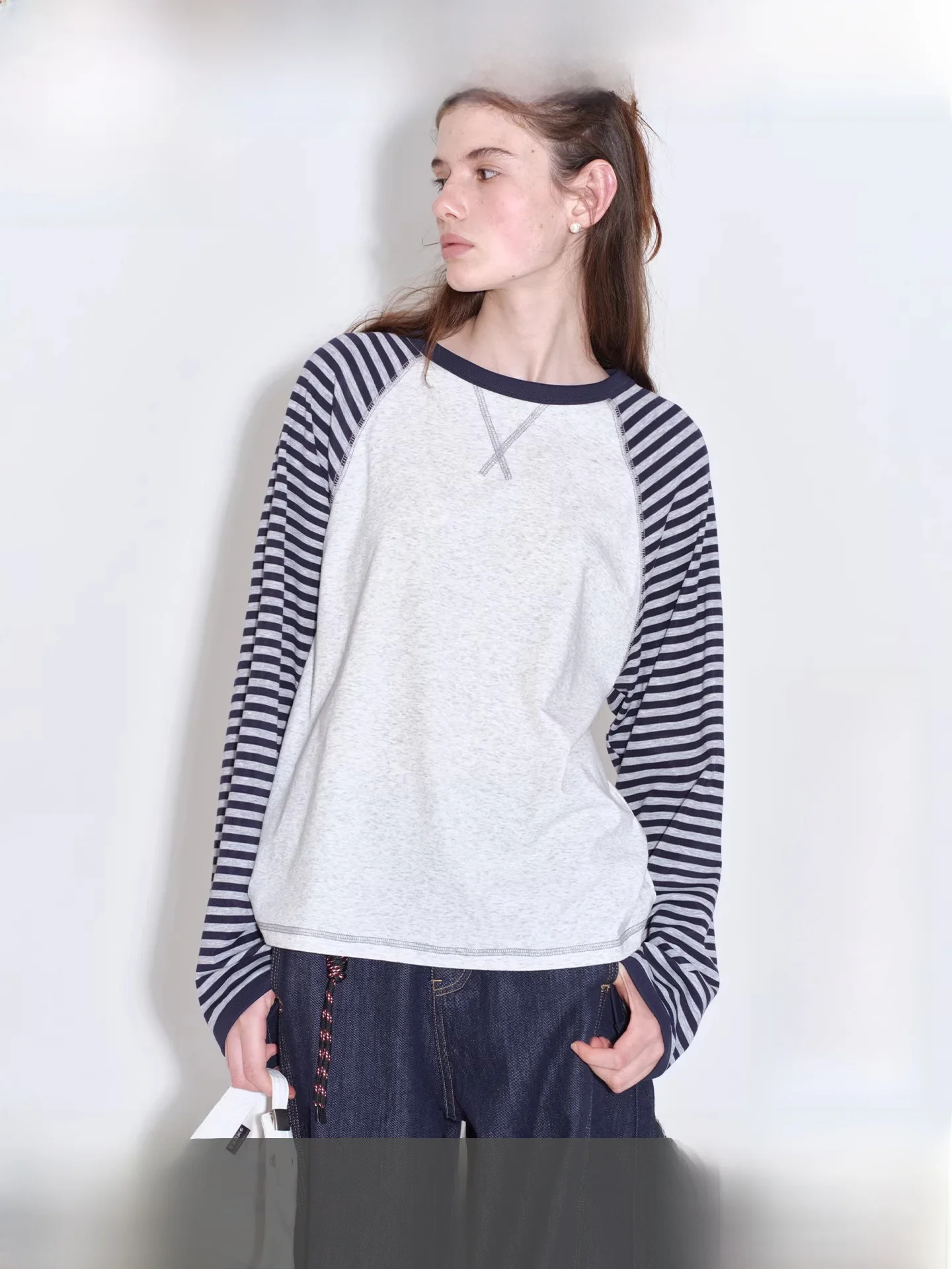 

Женская футболка Fano с длинным рукавом, в полоску, с контрастными вставками, весенняя новинка, свободный крой, в корейском стиле, для повседневной носки