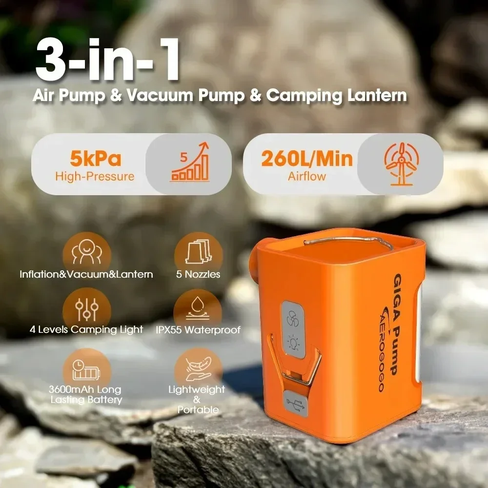Bomba de Ar Portátil GIGA Pump 3.0 3 em 1: Lanterna de Acampamento, Bomba de Vácuo e Inflador Elétrico para Colchões de Ar e Sacos a Vácuo