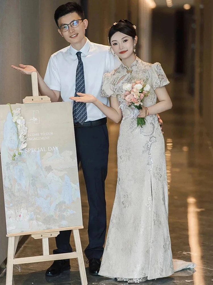 

Toasting attire, bride's niche, light luxury, high-end banquet evening dress, Chinese retro champagne engagement cheongsam dress