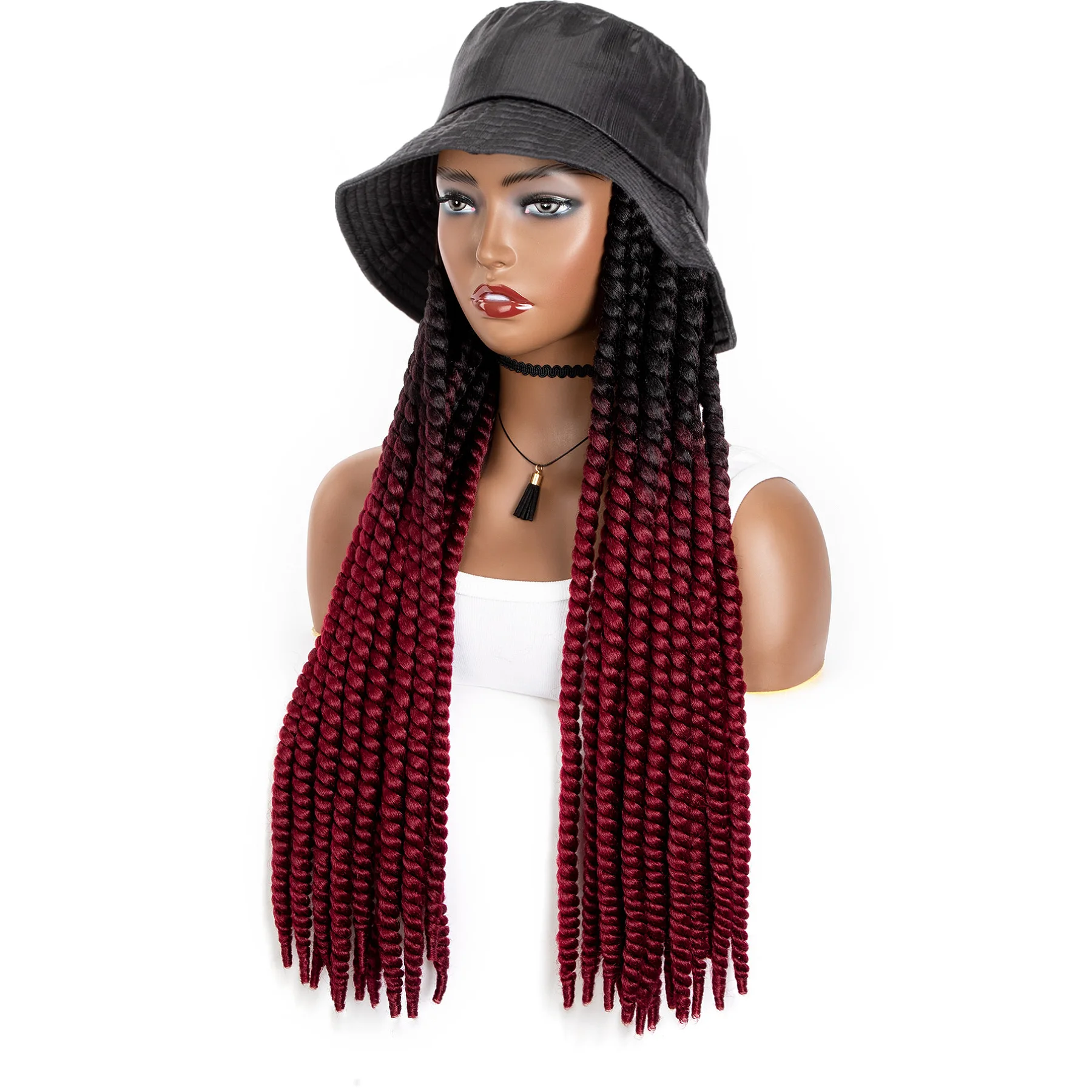 WIGERA Long Ombre Black Burgundy Synthetic Havana Mambo Twist Braided Hair Extensions Cap Wig Spring Braiding With Bucket Hat