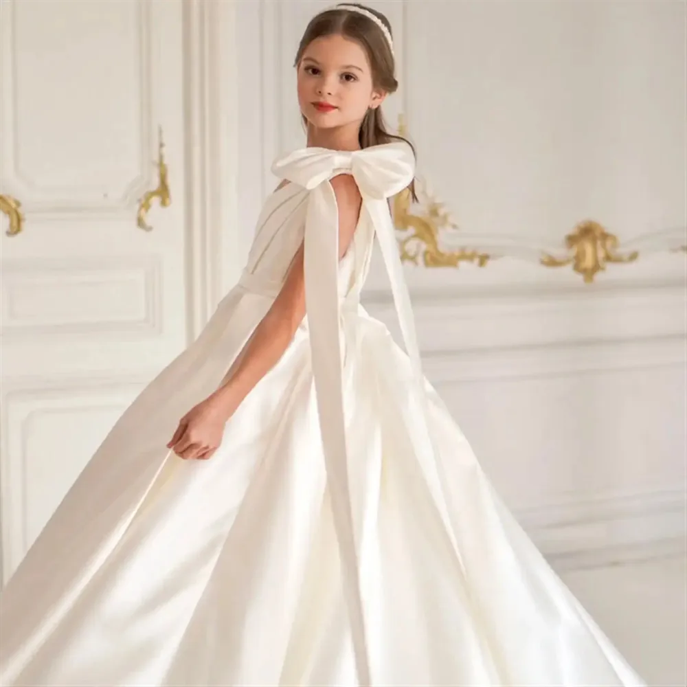 

Satin One-Shoulder Flower Girl Wedding Dress Elegant Sleeveless with Bow Princess Birthday Party First Communion Gown Customized