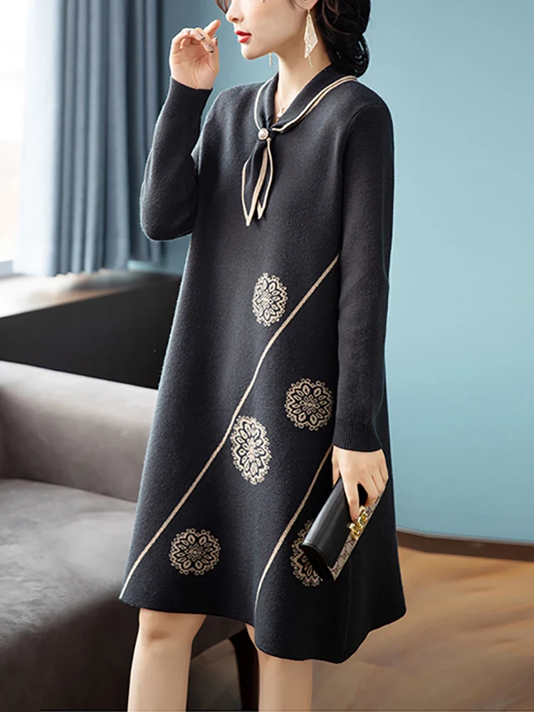 Women Red Print Knitted Cotton Long Sleeve Midi Dress Autumn Luxury Chic Sweater Dress 2024 Korean Vintage Elegant Prom Vestidos