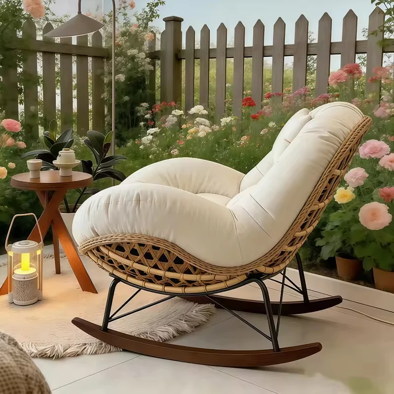 Outdoor Rattan Lazy Lounge Chair Home Use Stylish Fabric Swing Chair for Relaxing Modern Leisure Rocking Single Sofa Chair