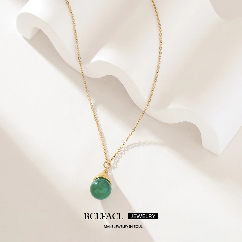 BCEFACL 316L Stainless Steel Creative Green Bead Ball Pendant Necklace For Women Fashion Waterproof Clavicle Chain Jewelry Gift