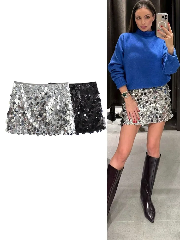TFMLN 2 Colors Sequin Skirt For Woman Fashion High Waist Mini Skirt Woman Shiny Elegant Casual Short Skirts Women 2025 New
