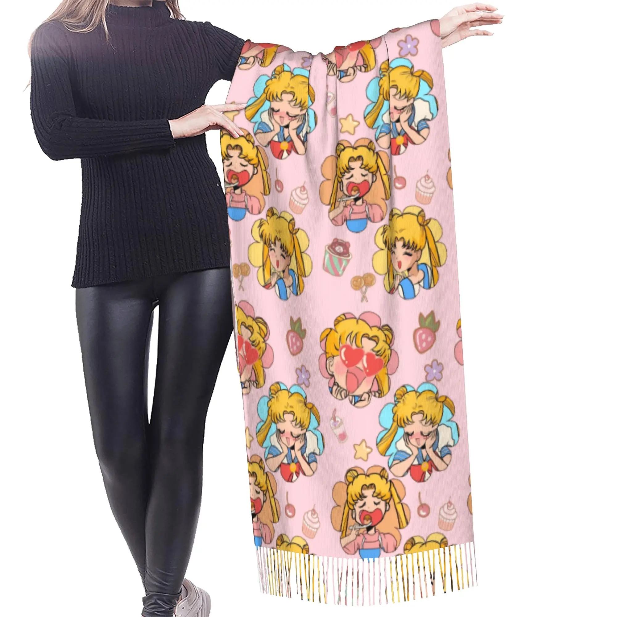 Custom Sailored Manga Anime Mooned Tassel Scarf Women Soft Usagi Tsukino Shawl Wrap Lady Winter Fall Scarves