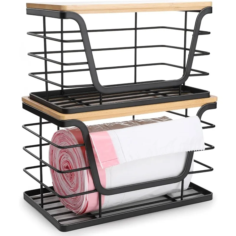 

2 Pack Storage Stackable Kitchen Laundry Organizers with Bamboo Top, Wall Mount Large Trash Bag Holder and Standard Garbage
