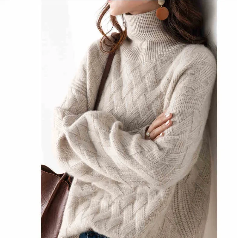Women Turtleneck Sweaters Knit Long Sleeve Thick Warm Pullovers Solid Spliced Casual Jumpers Lady Regular Autumn Winter