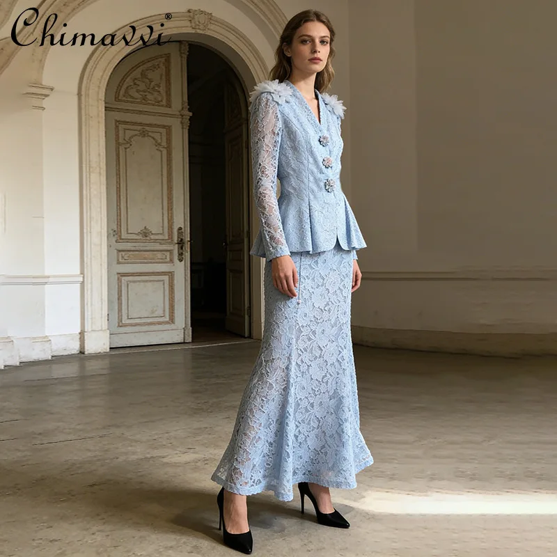 

French Style Elegant Lace V-neck Long-sleeve Single-breasted Shirt Top High Waist Long Skirt Two-piece Set for Women Spring 2026