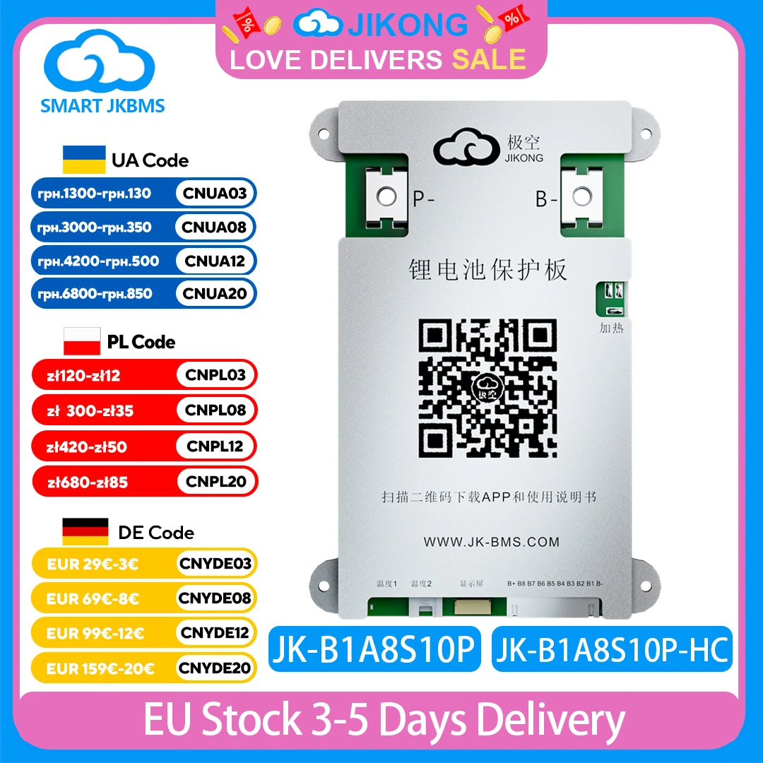 

JIKONG JK BMS B1A8S10P Smart BMS 4S-8S 1A 2A Active Balance BMS Heat CAN RS485 BT for LiFePo4 Li-ion Lto Battery 100A-200A JKBMS