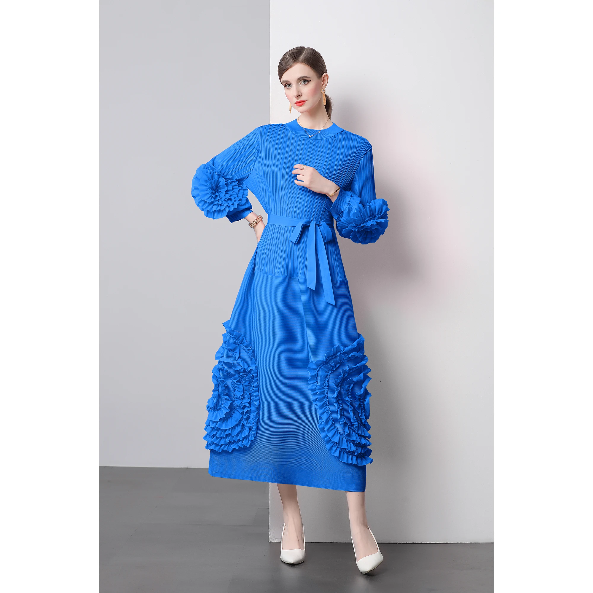 Miyake's New Midi Dress Elegant Pleated Skirt Fashionable Lace Lace Up Bubble Sleeves High Waisted Design A-line Dress 2024