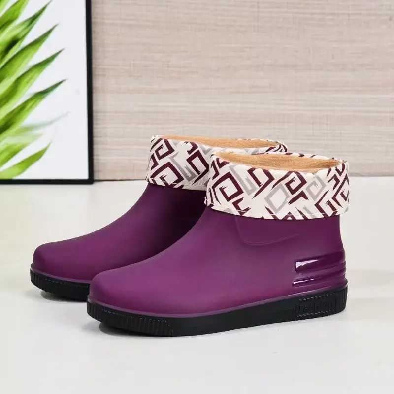 Women New High Top Flat Sole Rain Boot Soft Sole Waterproof Detachable Cotton Cover Flat Sole Kitchen Work Shoes Garden Shoes