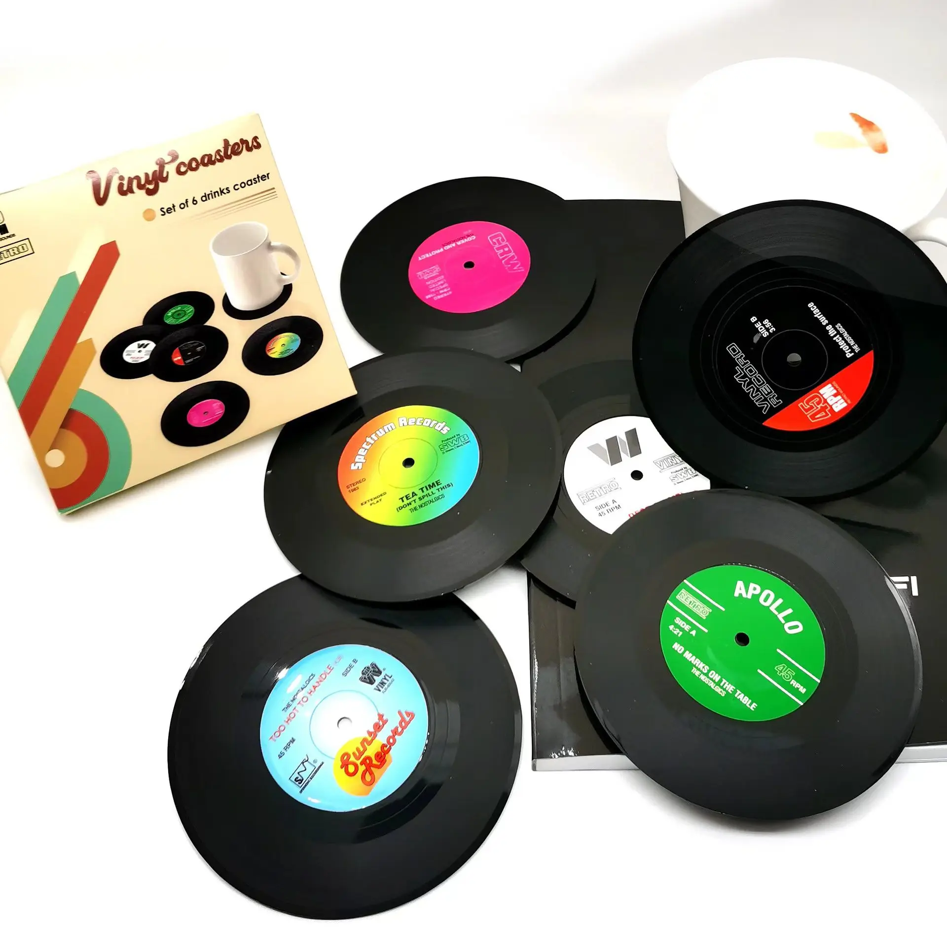 6/12PC Set Colorful Retro Vinyl Record Cup Coaster Antislip Coffee Disk for Drinks Vinyl Coaster Set Coffee Table Placemat Decor