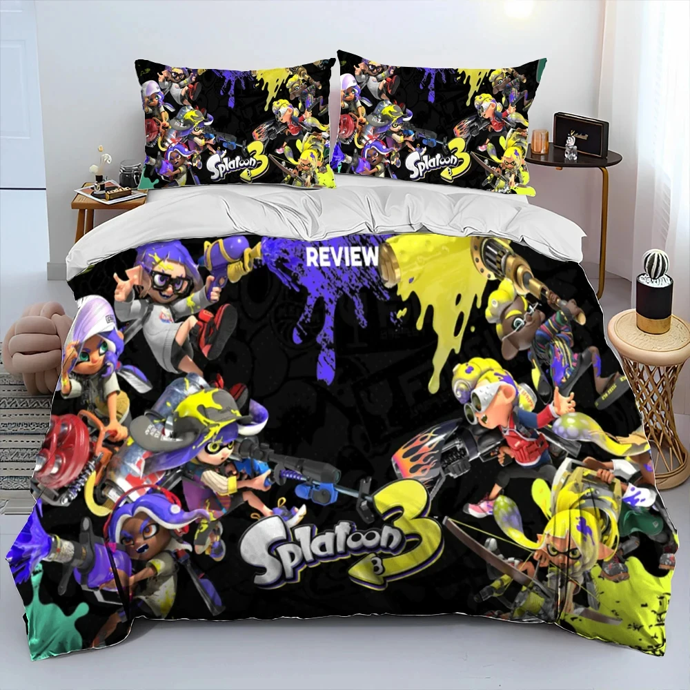 

S-Splatoon Game Gamer Cartoon Comforter Bedding Set,Duvet Cover Bed Set Quilt Cover Pillowcase,King Queen Size Bedding Set Boys