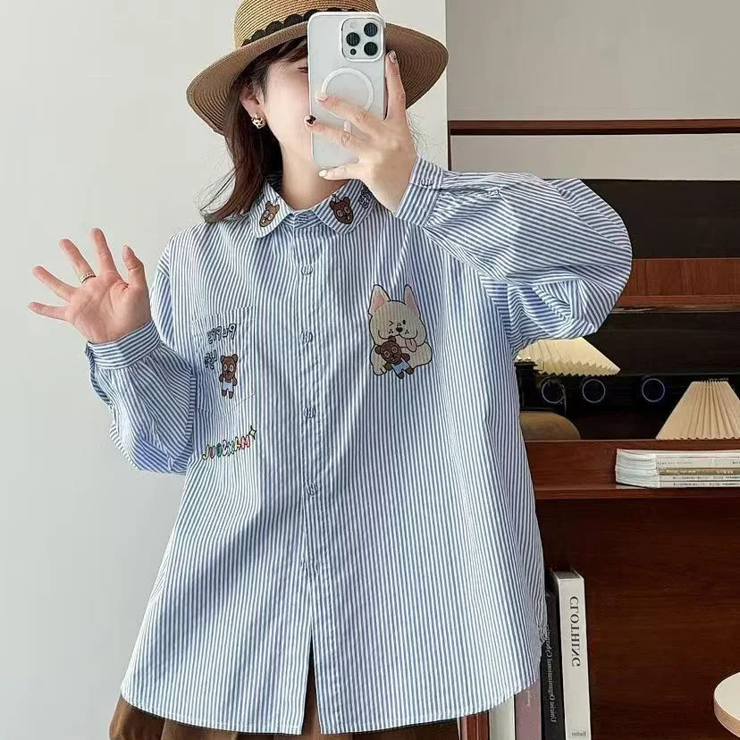 

Spring New Japanese Cartoon Embroidery Striped Cotton Shirts Women Sweet Mori Girl Turn Down Collar Long Sleeve Casual Loose Top